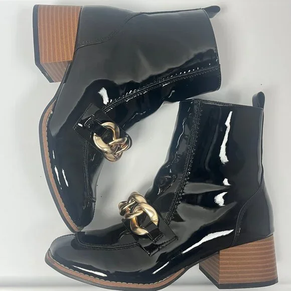 Steve Madden Girls Loreen Patent Leather Gold Chain Black Boots 3 - Picture 2 of 7